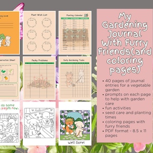 Könnte beinhalten: Ein druckbares Gartentagebuch mit Malvorlagen, die niedliche pelzige Tierillustrationen zeigen. Das Tagebuch enthält Abschnitte für Pflanzenbeobachtung, Saattagebuch, einen Pflanzkalender und tägliche Gartenarbeiten. Das Tagebuch ist 8,5 Zoll mal 11 Zoll groß.