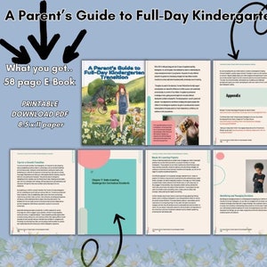 Op de afbeelding: Een gids voor ouders over de overgang naar de hele dag kinderopvang, met een kleurrijke omslag met illustraties van kinderen en bloemen. Het e-book is te printen en beschikbaar als PDF-download.