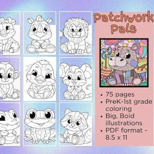 May include: A coloring book with 75 pages featuring patchwork animal illustrations. The cover shows a patchwork hippo playing the drums. The book is designed for PreK-1st grade and is in PDF format, measuring 8.5 x 11 inches.