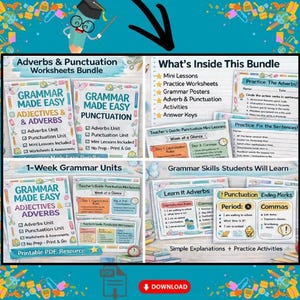 May include: A bundle of printable grammar worksheets and lessons for students. The bundle includes worksheets on adverbs, punctuation, and grammar skills. The worksheets are designed for 1-week grammar units and include mini lessons, practice activities, and answer keys.