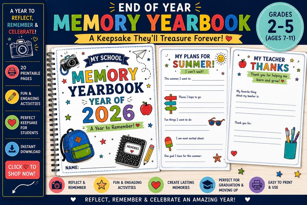 End Work Book End of Year Memory Yearbook for Grades 2-5, School Reflection Workbook ...