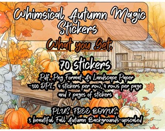Autumn Magic Stickers, 70 Fall-Themed Stickers, Backgrounds (PDF & PNG)