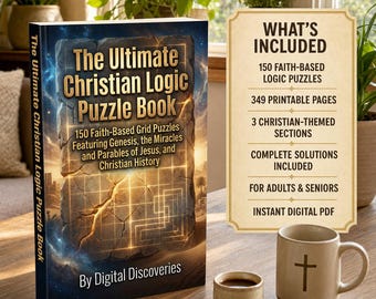 Christian Logic Puzzle Book, 150 Faith-Based Puzzles (Digital PDF)-For Adults and Seniors.  Hard Puzzles. Knowledge of Christianity History