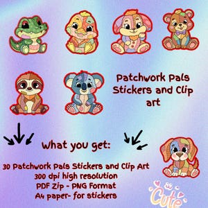 May include: A set of 30 colorful patchwork animal stickers and clip art. The animals include a koala, a sloth, a duck, a dog, a crocodile, and a bear. The stickers are perfect for adding a touch of whimsy to your crafts, journals, and more.