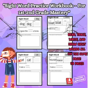 Puede incluir: "Sight Word Practice Workbook - For 1st-2nd Grade Mastery" con ejercicios de palabras de uso frecuente. El cuaderno de trabajo incluye páginas para leer, trazar, escribir y dibujar palabras de uso frecuente. La imagen muestra a un niño sosteniendo una imagen de un ojo. El cuaderno tiene 58 páginas.