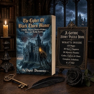 Pode incluir: Um livro intitulado The Cipher Of Black Thorn Manor com capa de castelo gótico, ao lado de uma placa emoldurada listando 125 páginas, 30 capítulos, 30 enigmas, códigos, cifras, pistas e soluções, além de uma chave, pena e rosa.