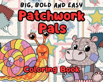 Libro para colorear de animales de patchwork: diseños inspirados en la costura (PDF A4 horizontal)