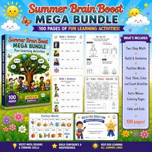 May include: A colorful educational workbook titled "Summer Brain Boost MEGA BUNDLE" with 100 pages of fun learning activities for ages 5-10. Includes math, reading, and coloring exercises. Features a tree with children and the text "Grades K-2".
