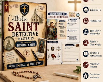 May include: A Catholic Saint Detective Mysteries activity book titled The Case of the Missing Saint, featuring a magnifying glass, a fountain pen, and a St. Michael suspect profile sheet. A brown wooden rosary and a white pen lie on a notebook.