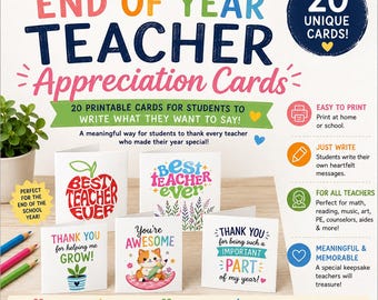 Printable Teacher Appreciation Cards – 20 Foldable Thank You Notes (Digital Download)