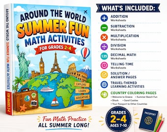 Summer Math Activities Workbook Grades 2-4 – Around the World Travel Theme Learning Pack, 83 pages