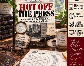 Hot Off the Press Logic Puzzle Book for Adults & Teens, Number Elimination Brain Games, Deduction Cases, Printable PDF