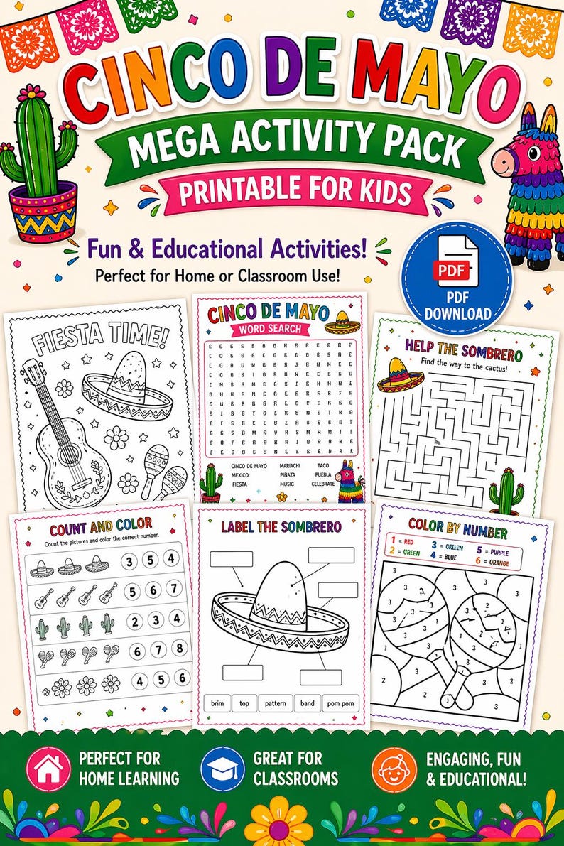 Cinco De Mayo Kids Activity Pack, Printable Worksheets, Games, Mazes ...