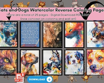 Cats and Dogs Watercolor Reverse Coloring Pages (Digital Download)