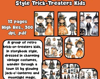 Vintage Halloween Kids Clip Art, Storybook Style (Digital Download)