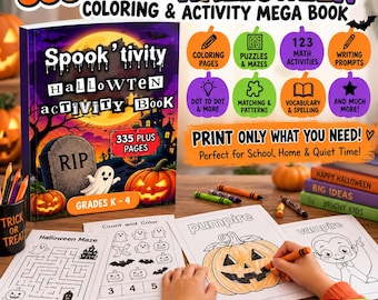 335+ Page Halloween Coloring & Activity Mega Book for Grades K–4 | Puzzles, Mazes, Math, Writing, Coloring, Quiet-Time Activities