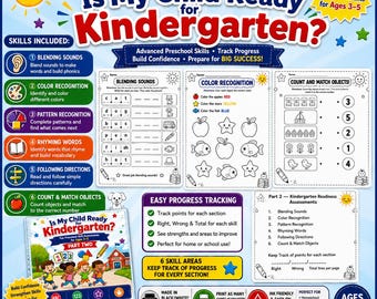 Kindergarten Readiness Assessment Part 2, Preschool Skills Workbook (Ages 3-5), 43 pages