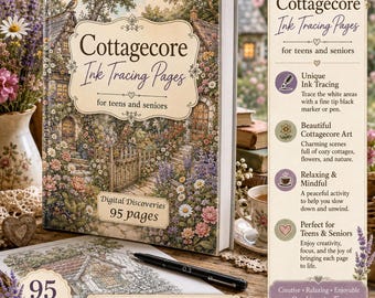 Cottagecore Ink Tracing Pages for Teens Seniors | Mindful Art Activity