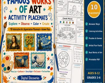 Famous Artist Activity Placemats | 10 Printable Art History Worksheets with Answer Keys | Grades 3-6 Art Appreciation PDF