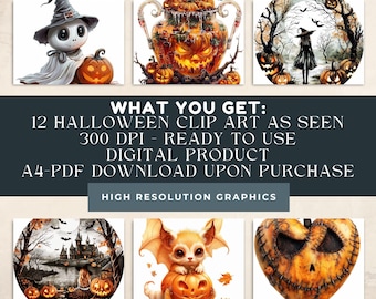 Halloween Clip Art, Spooky Pumpkins, Witches, Ghosts (Digital Download)