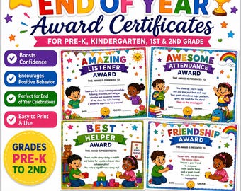 End of Year Award Certificates for Pre-K–2nd Grade – Printable Classroom Awards (PDF)