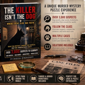 May include: A book titled The Killer Isn't The Dog with a dark alleyway cover illustration, accompanied by a mug labelled Detective Fuel, a magnifying glass, a pen, spectacles, and a stack of books labelled Deduction, Evidence, and Mystery.