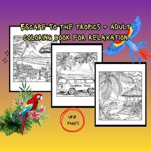 Puede incluir: Un libro para colorear para adultos titulado "Escape to the Tropics" con tres ilustraciones de escenas tropicales en blanco y negro. También se presenta un loro colorido y el texto "188 páginas". El fondo tiene un degradado de morado a amarillo.