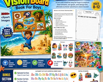 Summer Vacation Vision Board Book For Boys, Creative Activity, 2000+ Clipart (Digital Download)