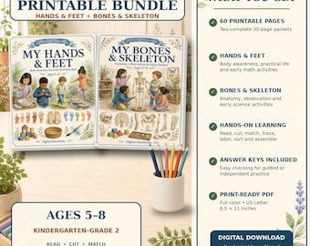 Montessori Human Body Bundle, Hands & Feet and Bones And Skeleton Printables, Ages 5–8
