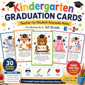 Può includere: Un set di biglietti per il diploma della scuola dell'infanzia con illustrazioni colorate di un elefante, una volpe, un orso, un coniglio e un unicorno con tocco da laureato. Ogni biglietto ha spazio per data e nome, con messaggi stampati per il passaggio alla prima elementare.