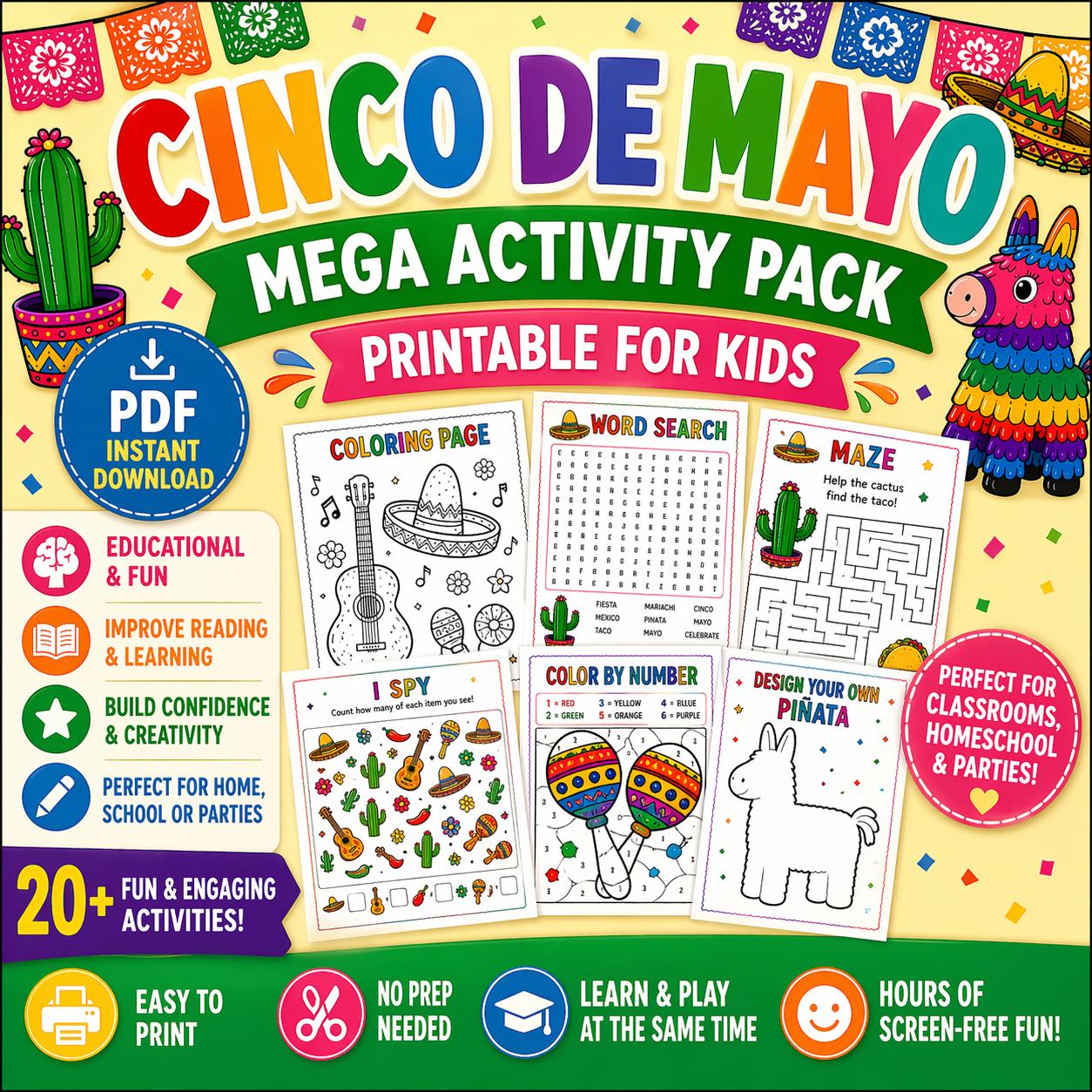 Cinco De Mayo Kids Activity Pack, Printable Worksheets, Games, Mazes…