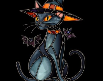 Stained Glass Halloween Cat and Bat Clipart (Digital Download)