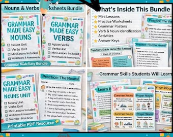 Nouns and Verbs Grammar Worksheets Bundle – 3rd Grade Parts of Speech Activities (Printable PDF)