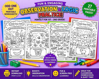 Odd One Out Printable Worksheets, 1st-2nd Grade Logic Puzzles (Digital Download)