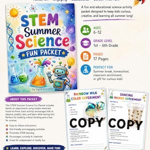 Puede incluir: Un colorido STEM Summer Science Fun Packet con el texto "STEM Summer Science Fun Packet". El paquete incluye experimentos prácticos para niños de 6 a 12 años, con 17 páginas. Promueve el aprendizaje STEM y la curiosidad.