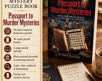 Passport to Murder Mysteries Adult Puzzle Book | 30 Travel Murder Mystery Logic Puzzles | 36-Room Deduction Games | Full-Color Printable PDF