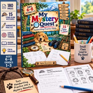 Könnte beinhalten: Ein My Mystery Quest Übungsbuch für 6- bis 8-Jährige mit Welpen, Kompass, Fernglas und Schreibübungsseiten. Daneben stehen ein Becher mit der Aufschrift Small Clues Lead to Big Ideas, eine Lupe und ein offenes Arbeitsheft, das Fall 1: The Missing Backpack mit Verdächtigen-Illustrationen und Schreibübungen zeigt.