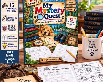 Kids Handwriting Mystery Activity Book, 15 Detective Cases, Ages 6-8 (Digital PDF)