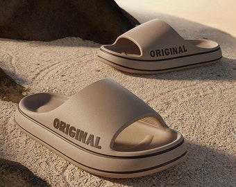 Feslishoet Letter Beach Slippers Men Women Beach Slides Solid Document Optical Sole Indoor Shoes