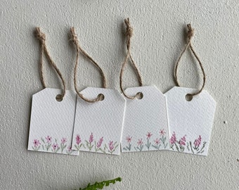 Set of 4 hand painted pink watercolor floral gift tags, original watercolor, handmade gift tags, gift wrapping supplies