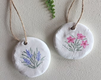 Hand painted floral watercolor circular clay ornament 2.5 inches - Gift for mom, summer floral, floral clay gift tag, watercolor flowers