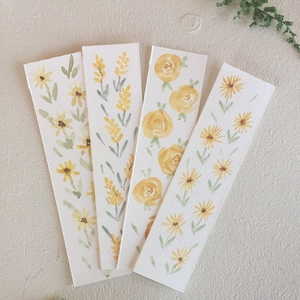 Hand painted original yellow watercolor floral bookmarks, set of 4, gift for book lover, watercolor florals, watercolor bookmarks