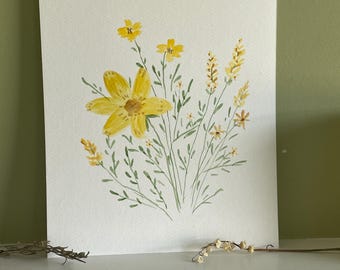 Original Yellow Floral Watercolor Painting: Unframed Wildflower Art (8x10) Wedding Gift