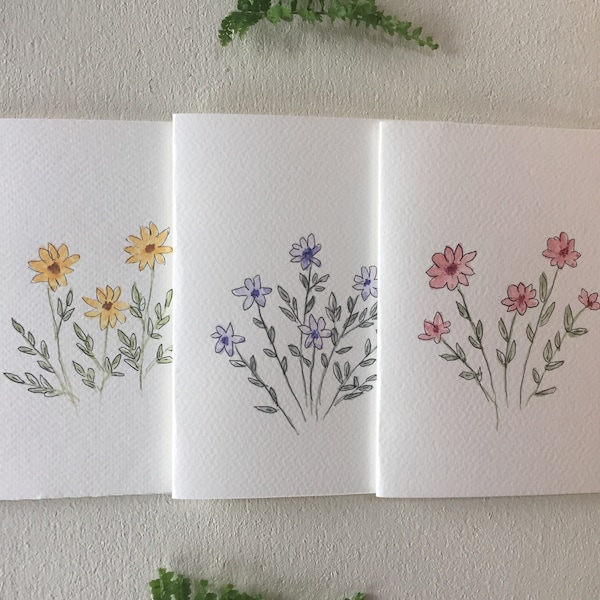 Set of 3 hand painted original watercolor floral greeting cards - Blank watercolor cards with kraft paper envelopes, Birthday, Thank you