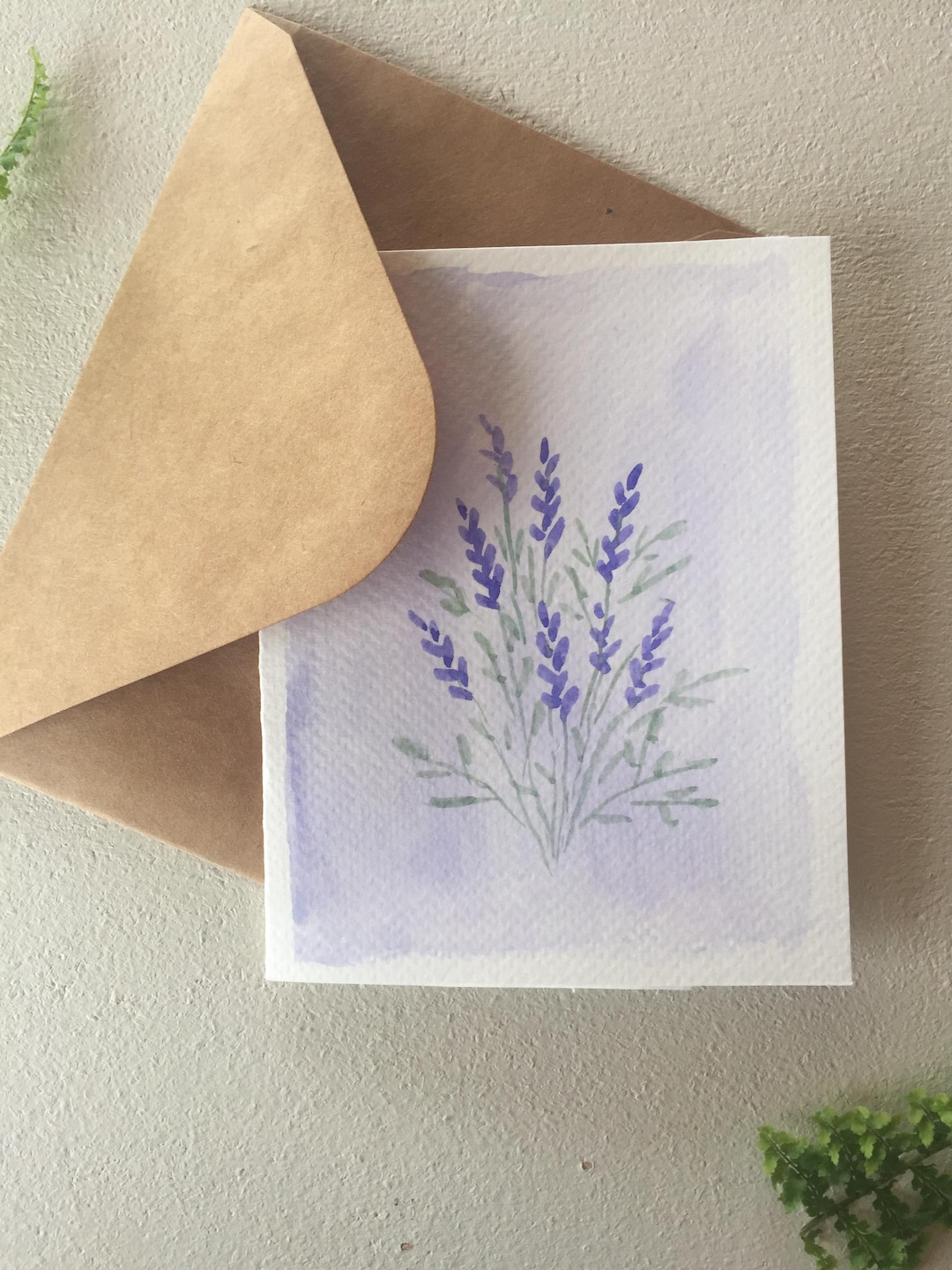 Hand Painted Floral Watercolor Card: Purple Lavender, Kraft Envelope ...