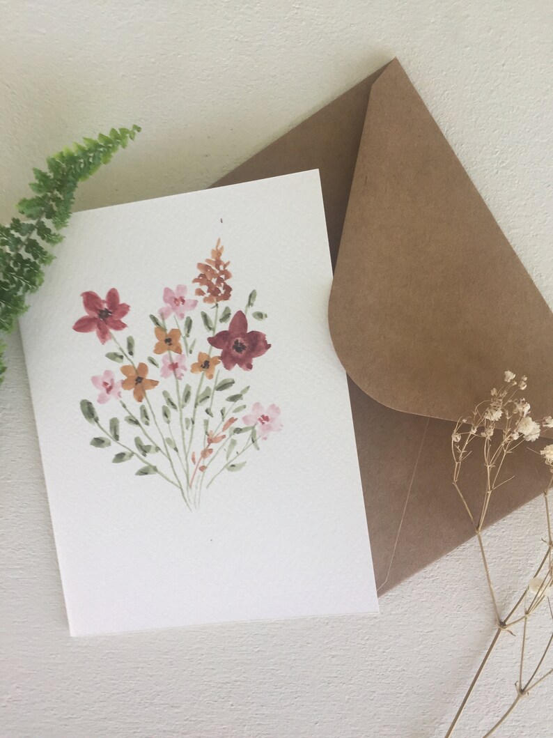 Hand Painted Floral Watercolor Card: Blank Greeting Card With Kraft ...