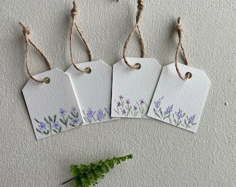 Set of 4 hand painted purple watercolor floral gift tags, original watercolor, handmade gift tags, gift wrapping supplies