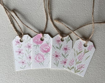Set of 4 pink hand painted watercolor floral gift tags, original watercolor, handmade gift tags, gift wrapping supplies, gift labels