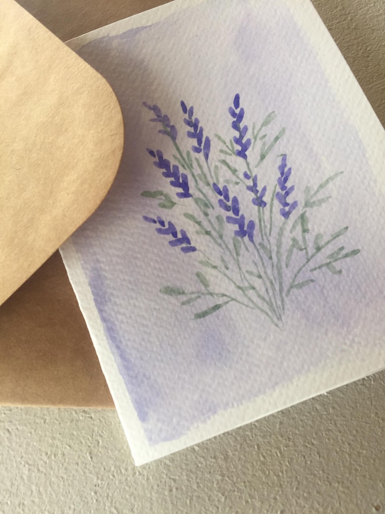 Hand Painted Floral Watercolor Card: Purple Lavender, Kraft Envelope ...