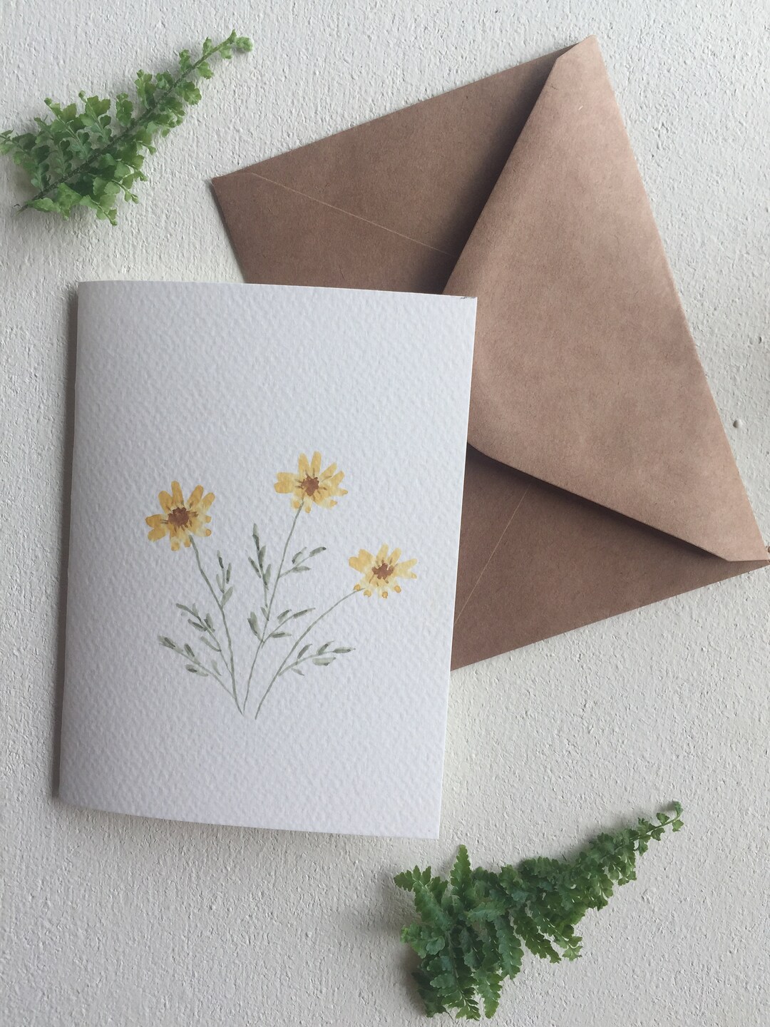 Hand Painted Floral Watercolor Card: Yellow Flowers, Kraft Envelope ...